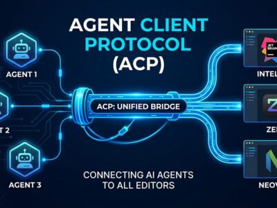 Diagram showing AI coding agents connecting to multiple code editors through the Agent Client Protocol (ACP) unified standard