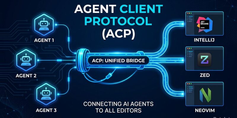Diagram showing AI coding agents connecting to multiple code editors through the Agent Client Protocol (ACP) unified standard