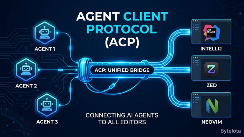 Diagram showing AI coding agents connecting to multiple code editors through the Agent Client Protocol (ACP) unified standard