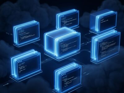 Cursor 3.5 cloud agents running in isolated virtual machines with blue terminal windows in a dark cloud environment
