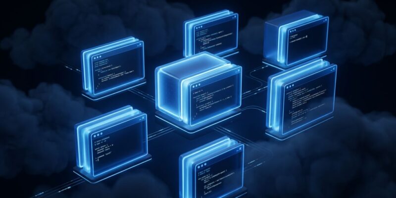 Cursor 3.5 cloud agents running in isolated virtual machines with blue terminal windows in a dark cloud environment
