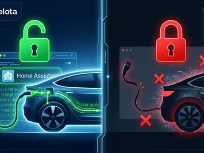 Split-screen illustration showing unlocked green padlock with EV charging active on left, versus locked red padlock with broken connection on right, representing Volkswagen blocking Home Assistant API access