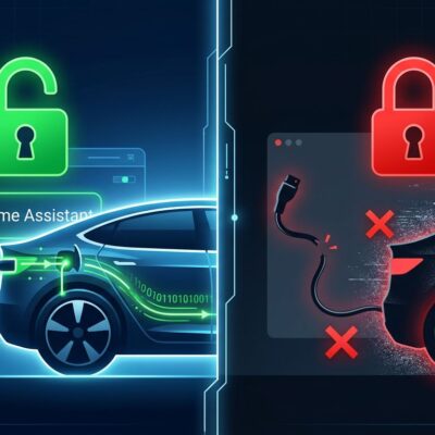 Split-screen illustration showing unlocked green padlock with EV charging active on left, versus locked red padlock with broken connection on right, representing Volkswagen blocking Home Assistant API access