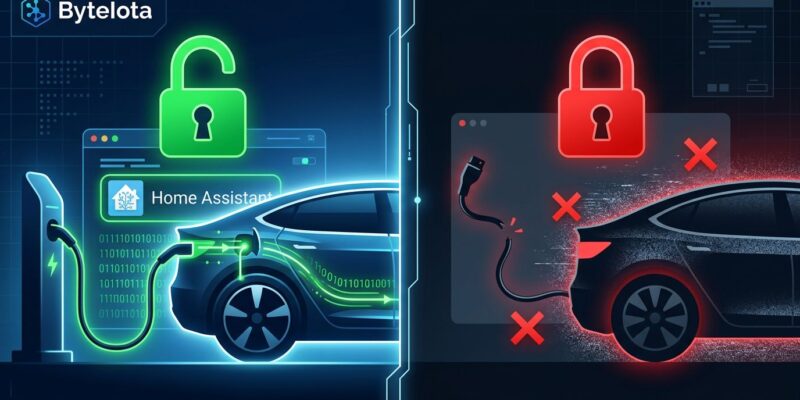 Split-screen illustration showing unlocked green padlock with EV charging active on left, versus locked red padlock with broken connection on right, representing Volkswagen blocking Home Assistant API access