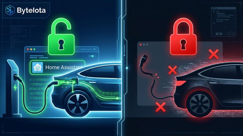 Split-screen illustration showing unlocked green padlock with EV charging active on left, versus locked red padlock with broken connection on right, representing Volkswagen blocking Home Assistant API access