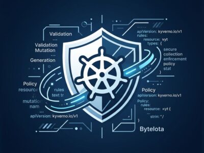 Kyverno 1.18 Kubernetes policy engine featured image showing shield and Kubernetes helm wheel with YAML code