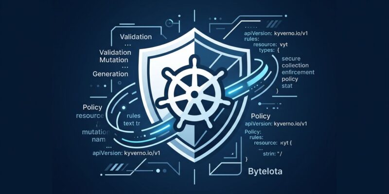 Kyverno 1.18 Kubernetes policy engine featured image showing shield and Kubernetes helm wheel with YAML code