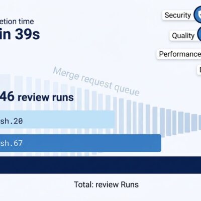 Data visualization dashboard showing Cloudflare AI code review metrics with 7 specialized agents and risk-tiered costs