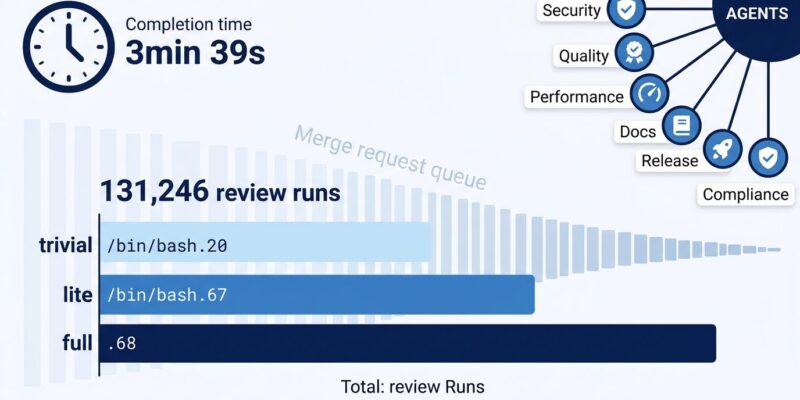 Data visualization dashboard showing Cloudflare AI code review metrics with 7 specialized agents and risk-tiered costs