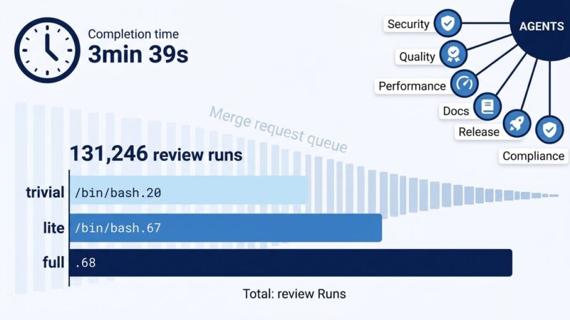 Data visualization dashboard showing Cloudflare AI code review metrics with 7 specialized agents and risk-tiered costs