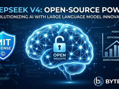 DeepSeek V4-Pro neural network visualization with MIT license badge and benchmark comparison, blue and white ByteIota theme