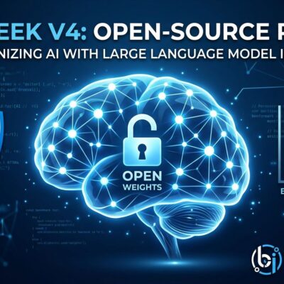 DeepSeek V4-Pro neural network visualization with MIT license badge and benchmark comparison, blue and white ByteIota theme