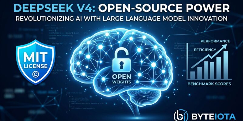 DeepSeek V4-Pro neural network visualization with MIT license badge and benchmark comparison, blue and white ByteIota theme