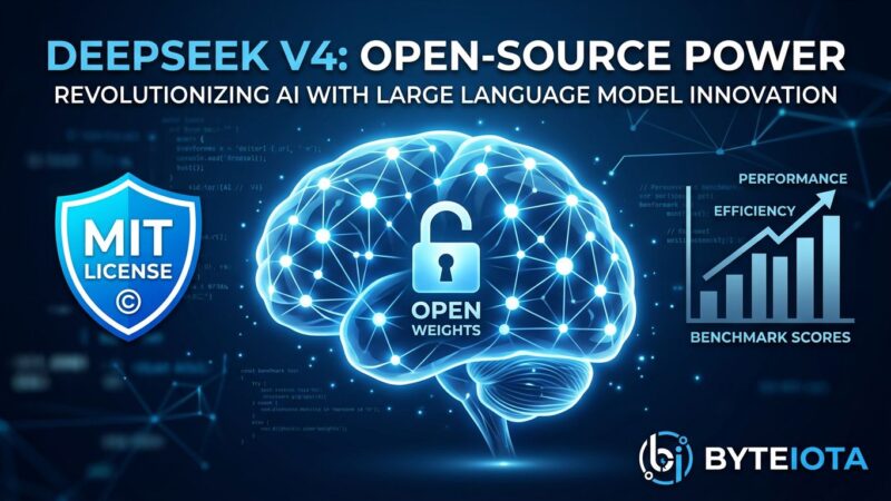 DeepSeek V4-Pro neural network visualization with MIT license badge and benchmark comparison, blue and white ByteIota theme