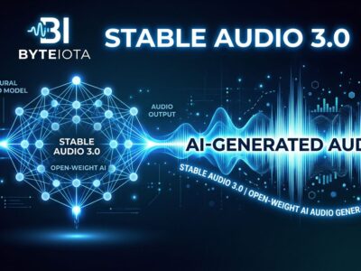 Stable Audio 3.0 waveform visualization showing AI-powered audio generation with blue and white neural network structure