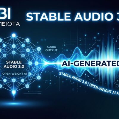 Stable Audio 3.0 waveform visualization showing AI-powered audio generation with blue and white neural network structure
