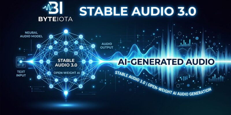 Stable Audio 3.0 waveform visualization showing AI-powered audio generation with blue and white neural network structure