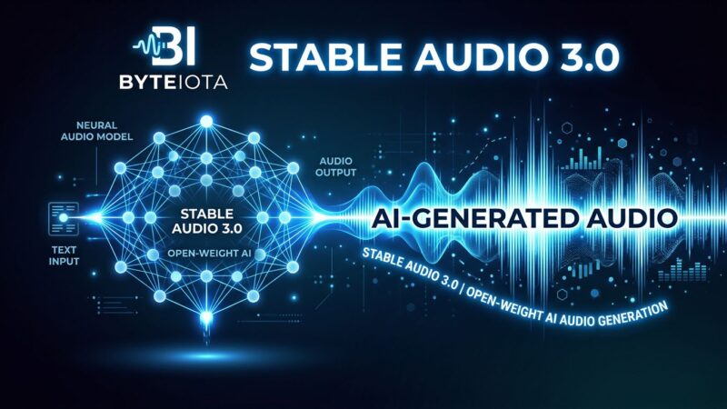 Stable Audio 3.0 waveform visualization showing AI-powered audio generation with blue and white neural network structure