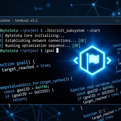 Terminal showing Codex CLI /goal command with persistent agent session interface in blue and white
