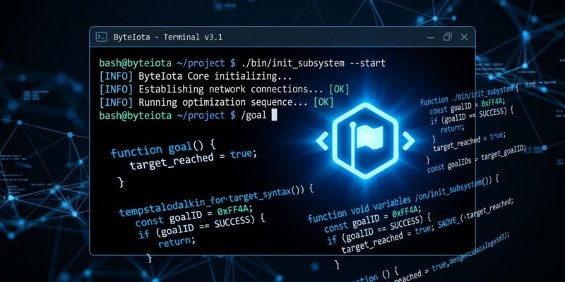 Terminal showing Codex CLI /goal command with persistent agent session interface in blue and white