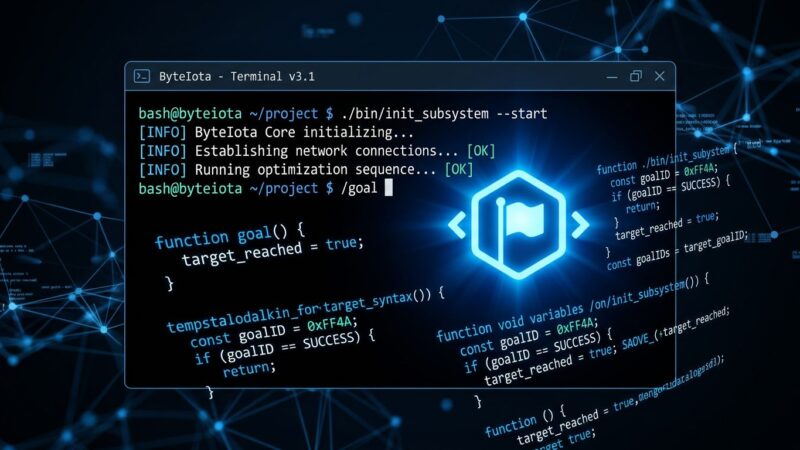 Terminal showing Codex CLI /goal command with persistent agent session interface in blue and white