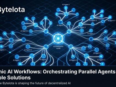 Abstract visualization of Claude Code dynamic workflows — parallel AI agent nodes connected by orchestration lines in a blue and white network graph