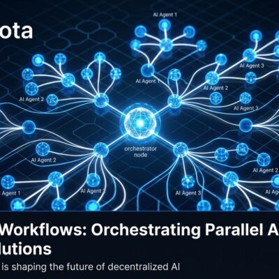 Abstract visualization of Claude Code dynamic workflows — parallel AI agent nodes connected by orchestration lines in a blue and white network graph