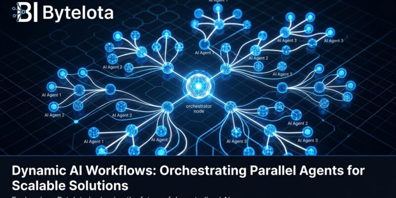 Abstract visualization of Claude Code dynamic workflows — parallel AI agent nodes connected by orchestration lines in a blue and white network graph