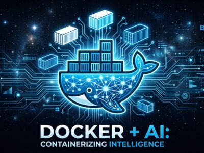 Docker Gordon AI agent interface showing container workflow automation with blue neural network design
