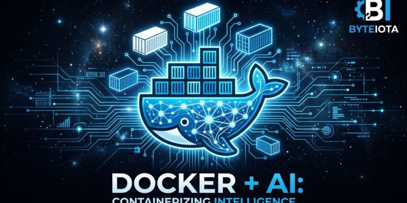 Docker Gordon AI agent interface showing container workflow automation with blue neural network design