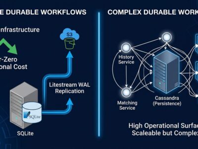 Split-screen comparison of SQLite plus Litestream minimal workflow stack versus Temporal cluster infrastructure for AI agent durable execution