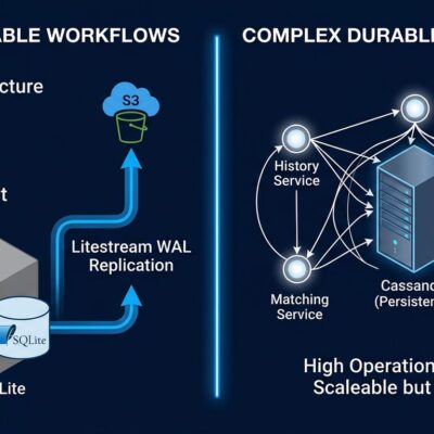 Split-screen comparison of SQLite plus Litestream minimal workflow stack versus Temporal cluster infrastructure for AI agent durable execution