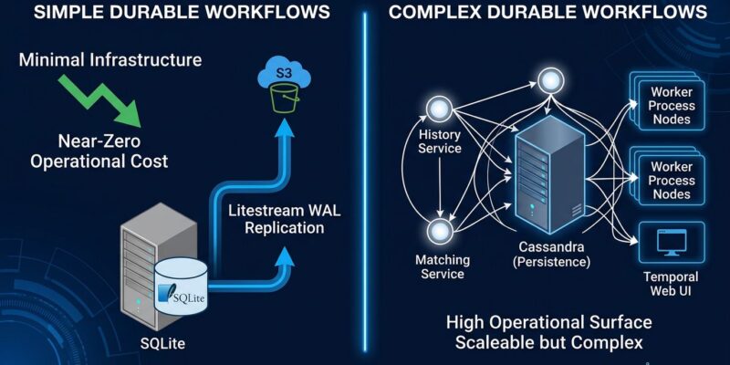 Split-screen comparison of SQLite plus Litestream minimal workflow stack versus Temporal cluster infrastructure for AI agent durable execution