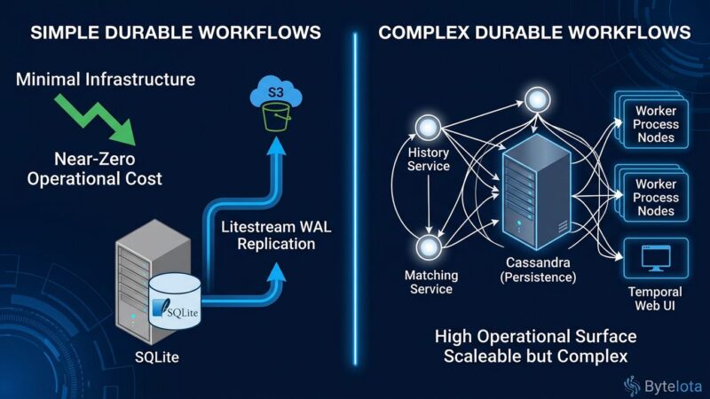 Split-screen comparison of SQLite plus Litestream minimal workflow stack versus Temporal cluster infrastructure for AI agent durable execution