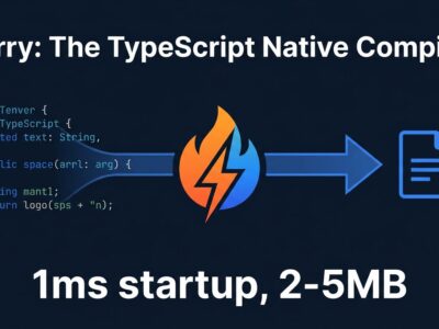 Perry compiler pipeline: TypeScript source code flowing through SWC and LLVM into a native binary, with performance stats showing 1ms startup and 2-5MB binary size
