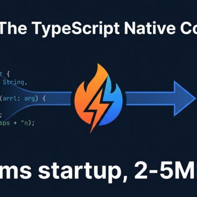 Perry compiler pipeline: TypeScript source code flowing through SWC and LLVM into a native binary, with performance stats showing 1ms startup and 2-5MB binary size