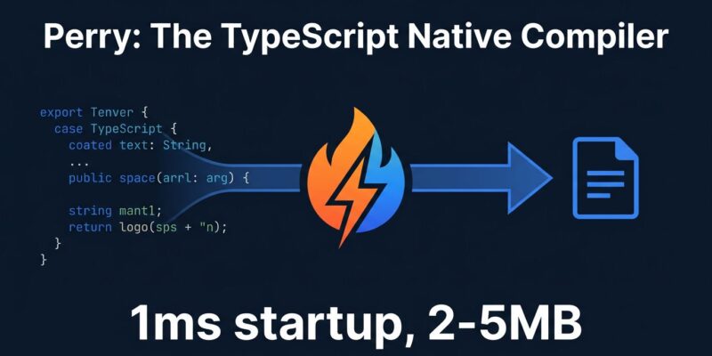 Perry compiler pipeline: TypeScript source code flowing through SWC and LLVM into a native binary, with performance stats showing 1ms startup and 2-5MB binary size