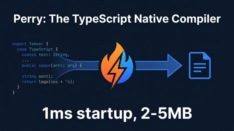 Perry compiler pipeline: TypeScript source code flowing through SWC and LLVM into a native binary, with performance stats showing 1ms startup and 2-5MB binary size