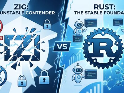 Split-screen comparison of Zig and Rust logos representing the language debate in Bun's AI-generated rewrite