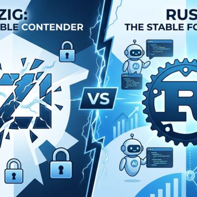 Split-screen comparison of Zig and Rust logos representing the language debate in Bun's AI-generated rewrite