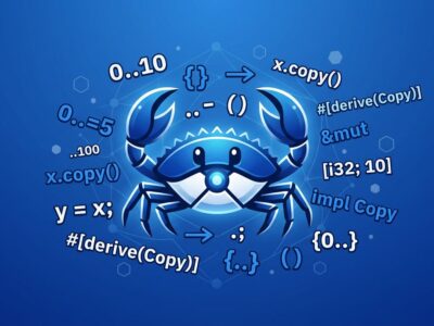 Rust Ferris crab mascot surrounded by range type code symbols representing Rust 1.96.0 release features
