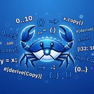 Rust Ferris crab mascot surrounded by range type code symbols representing Rust 1.96.0 release features