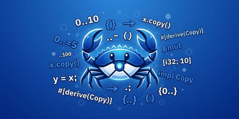 Rust Ferris crab mascot surrounded by range type code symbols representing Rust 1.96.0 release features