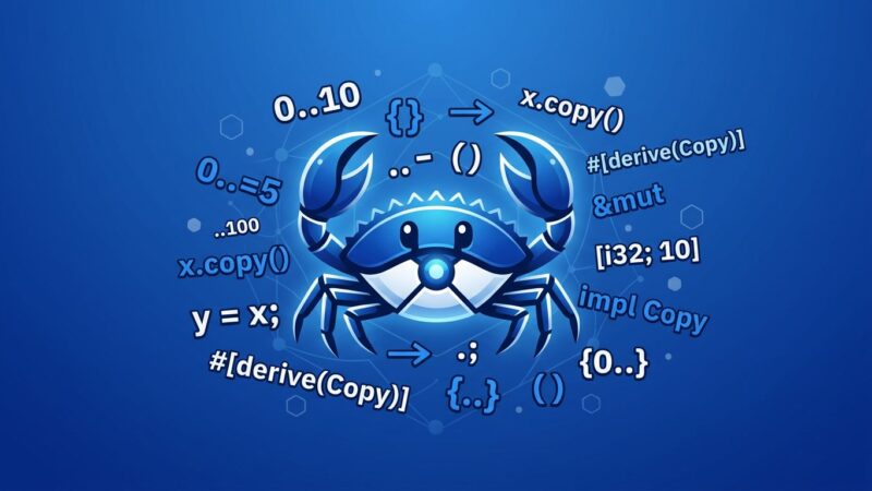 Rust Ferris crab mascot surrounded by range type code symbols representing Rust 1.96.0 release features