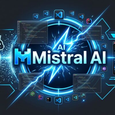 Mistral Vibe coding agent launch - VS Code extension and AI agent interface with blue ByteIota brand colors