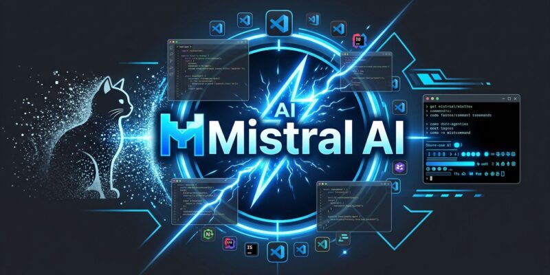 Mistral Vibe coding agent launch - VS Code extension and AI agent interface with blue ByteIota brand colors