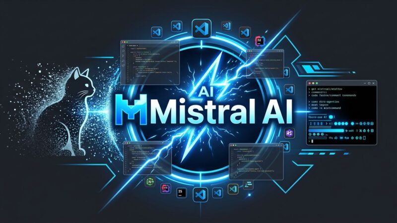 Mistral Vibe coding agent launch - VS Code extension and AI agent interface with blue ByteIota brand colors