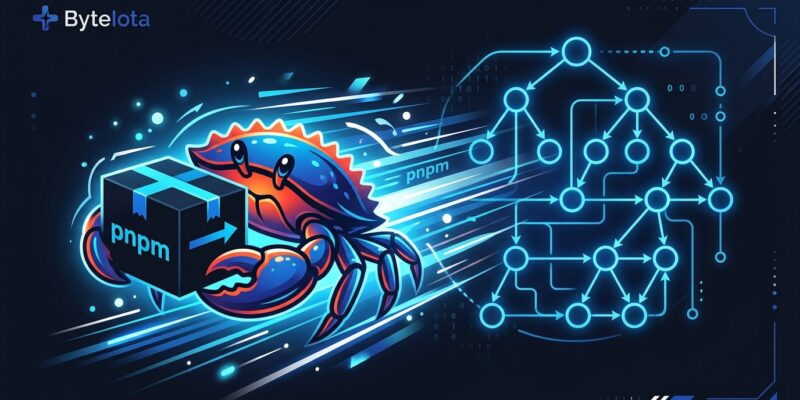 pnpm 11.2 with pacquet Rust install backend - speed visualization with crab mascot and package tree