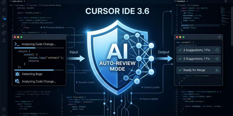 Cursor 3.6 Auto-review Run Mode showing classifier subagent with shield icon and neural network decision pipeline