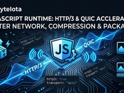 Bun v1.3.14 featured image showing HTTP/3 QUIC network waves and JavaScript runtime with blue circuit board design